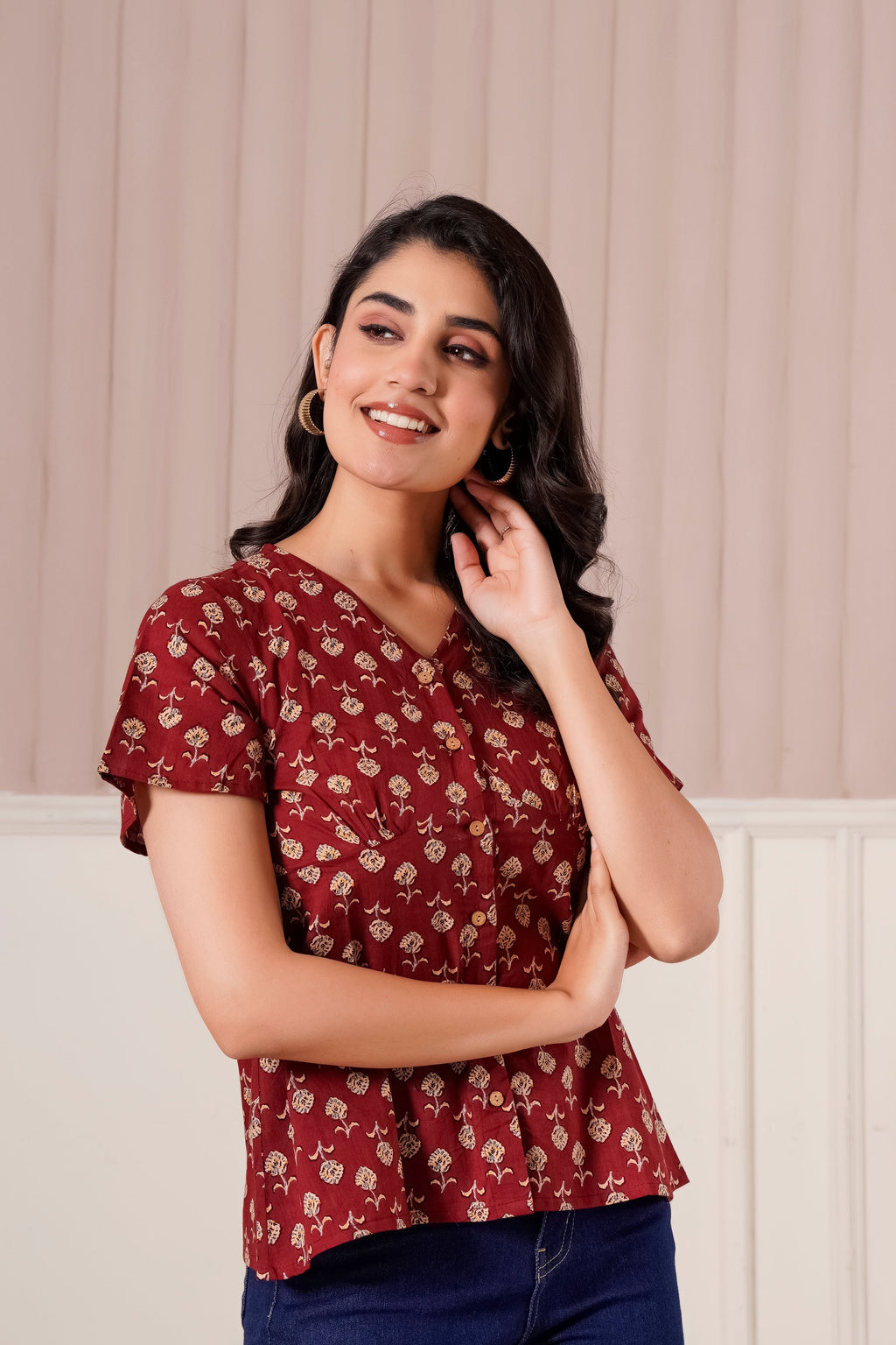 Maroon Floral Printed Short Sleeve Top