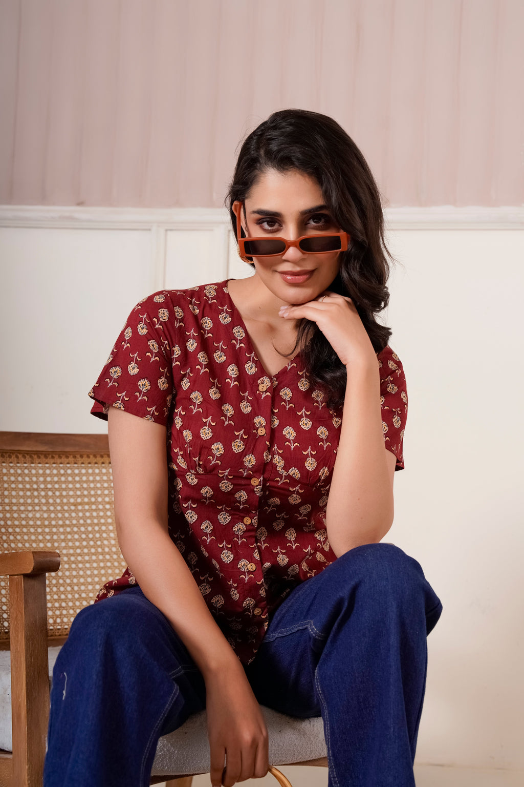 Maroon Floral Printed Short Sleeve Top