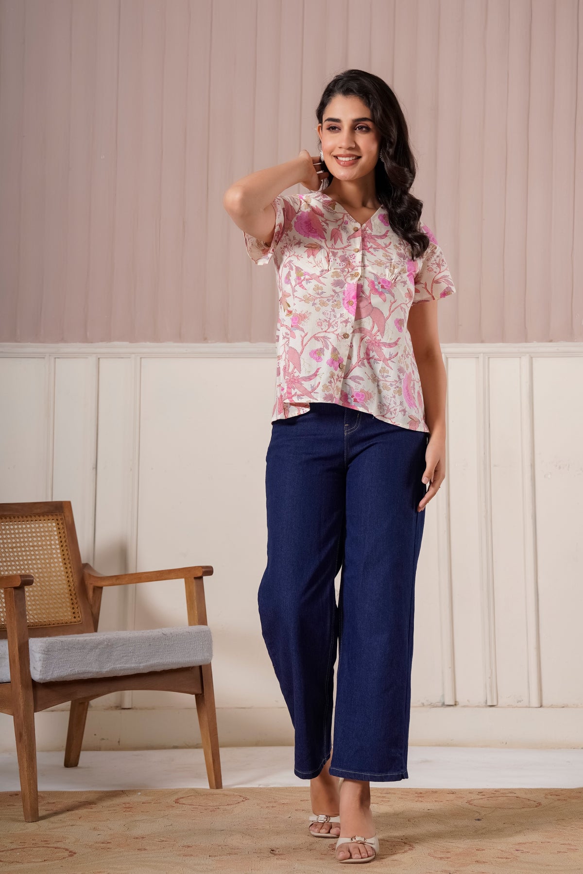 Pink Floral Printed Flutter Sleeve Top