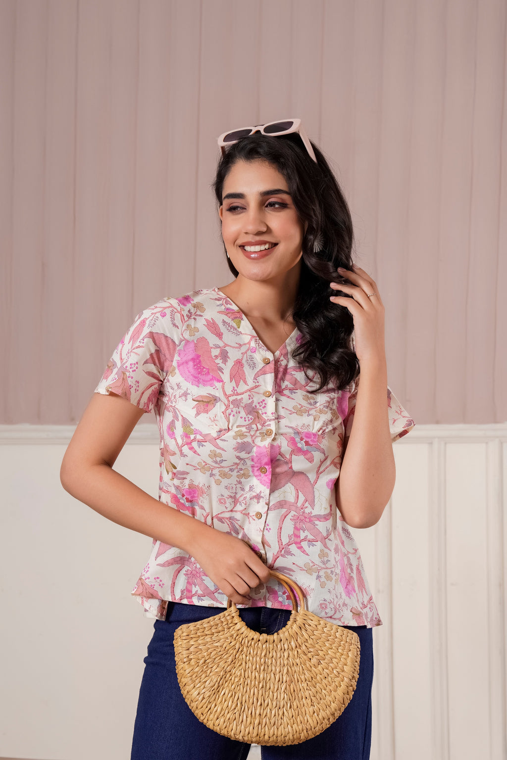 Pink Floral Printed Flutter Sleeve Top