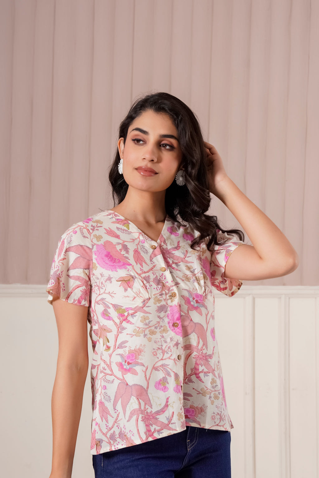 Pink Floral Printed Flutter Sleeve Top
