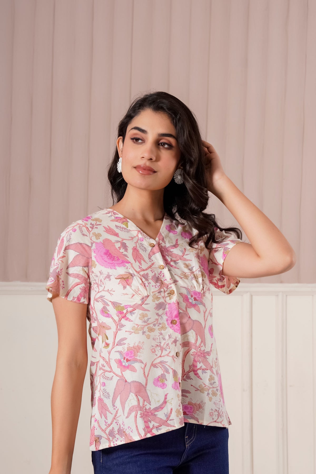 Pink Floral Printed Flutter Sleeve Top