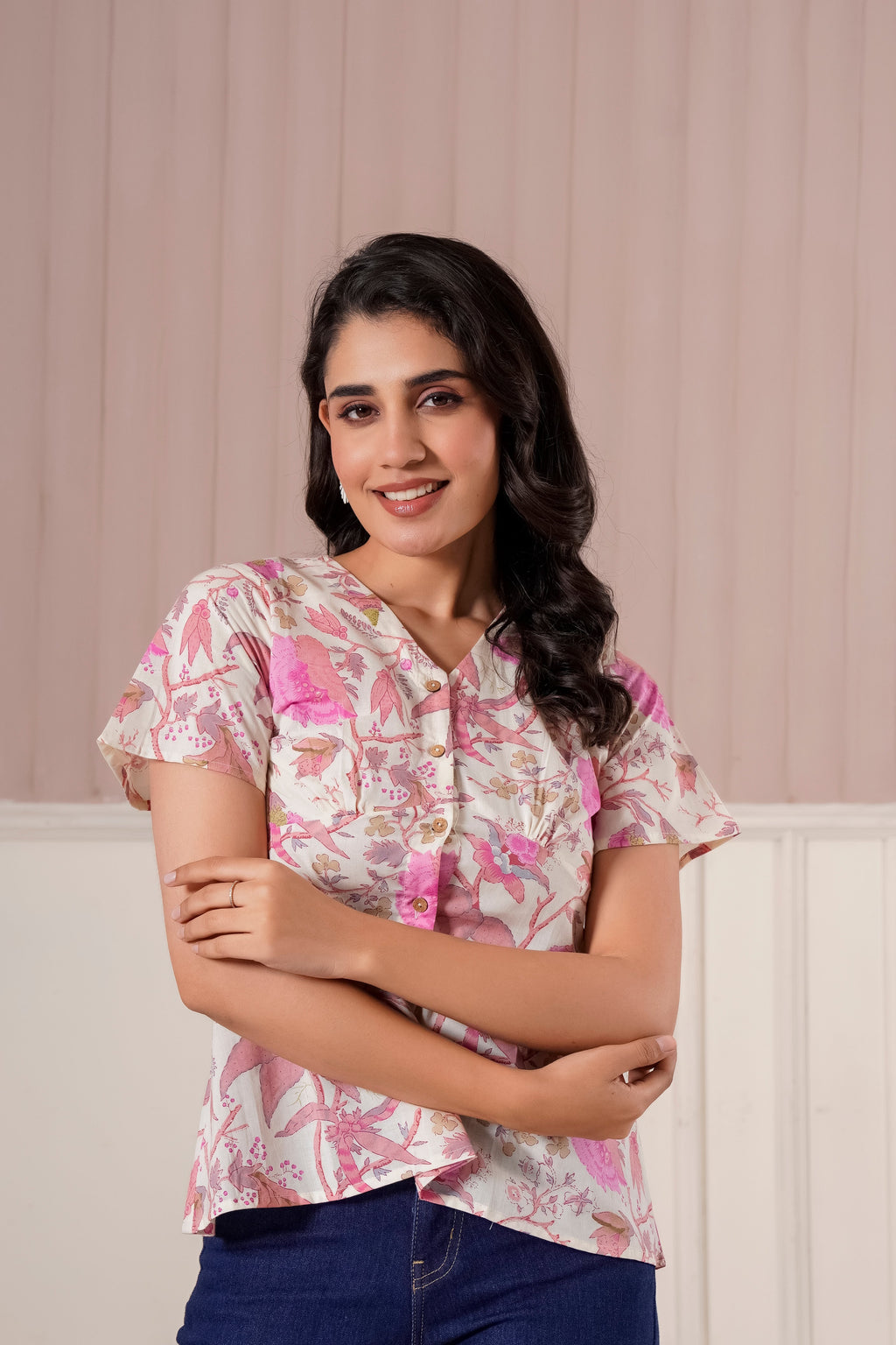 Pink Floral Printed Flutter Sleeve Top