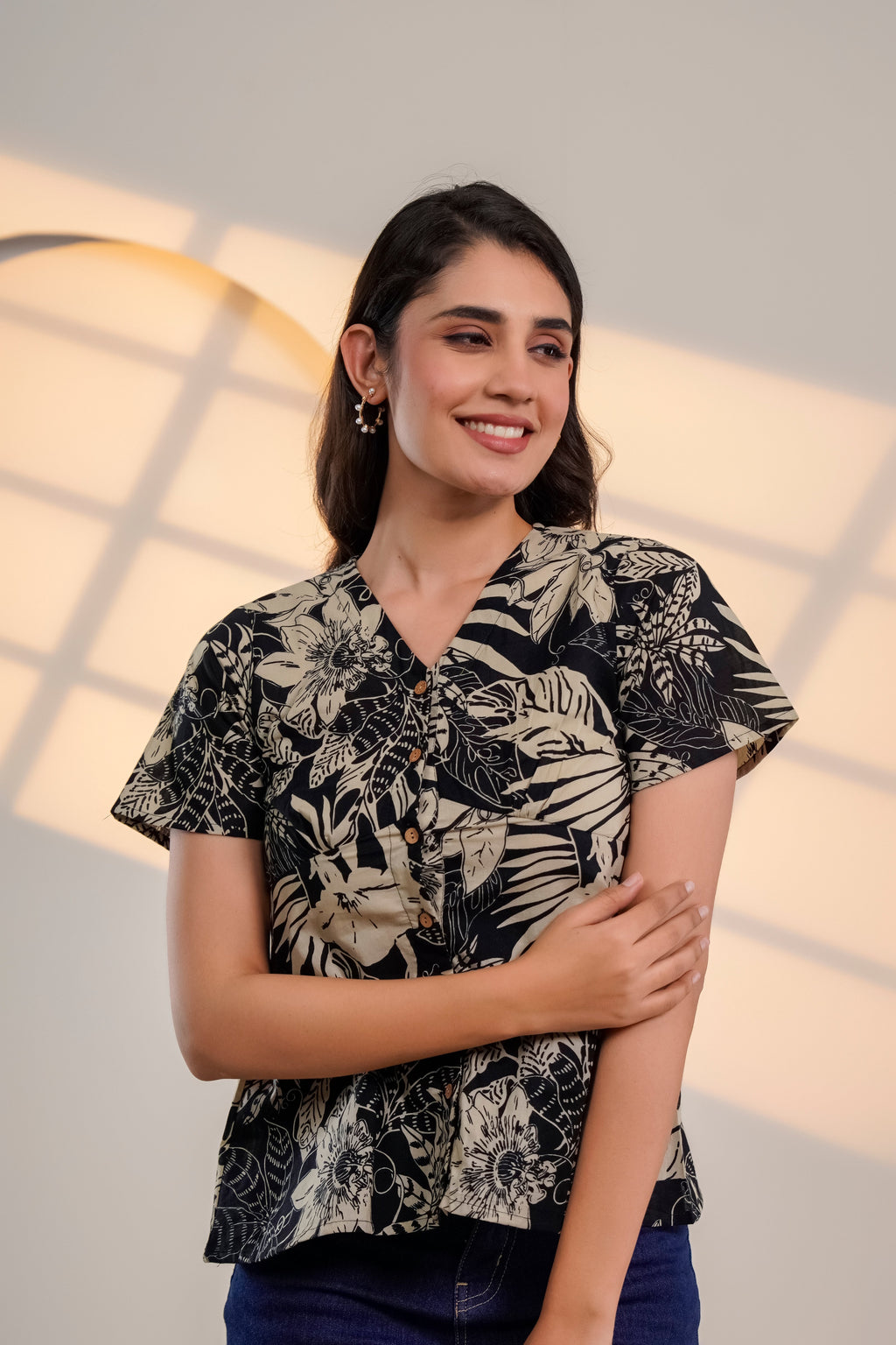 Black Floral Printed V-Neck Top