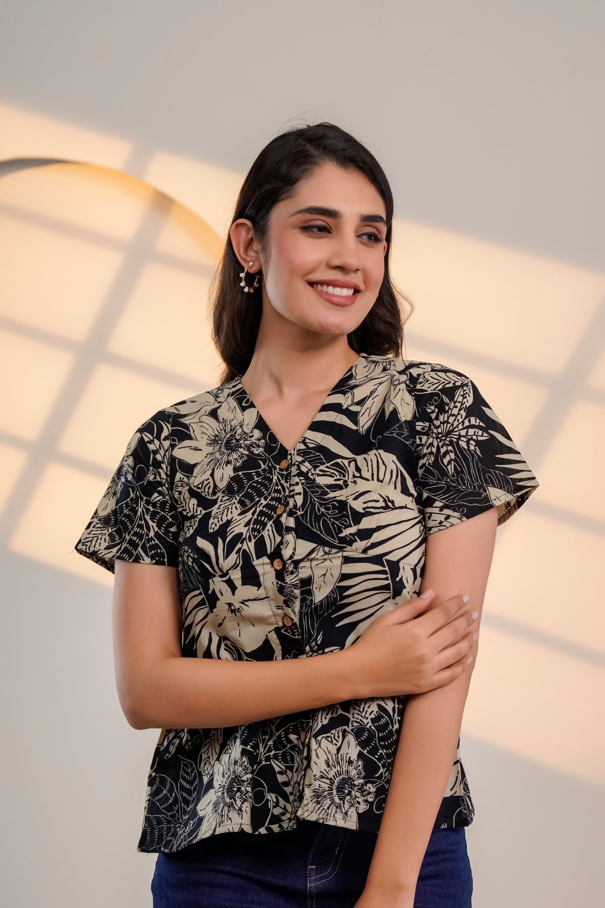 Black Floral Printed V-Neck Top