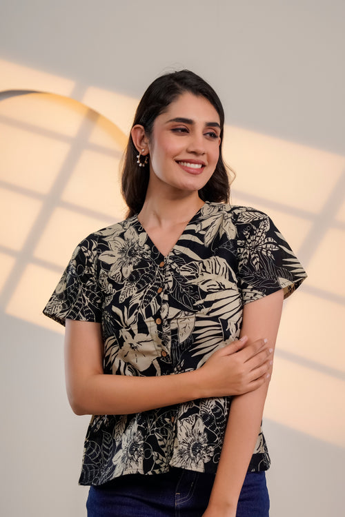 Black Floral Printed V-Neck Top