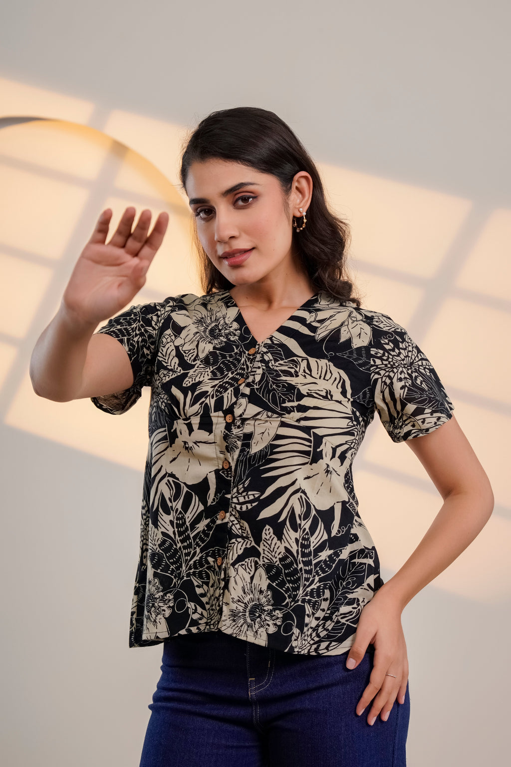Black Floral Printed V-Neck Top