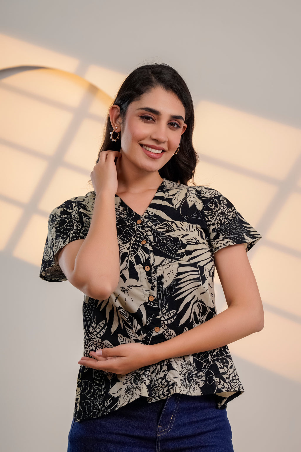 Black Floral Printed V-Neck Top