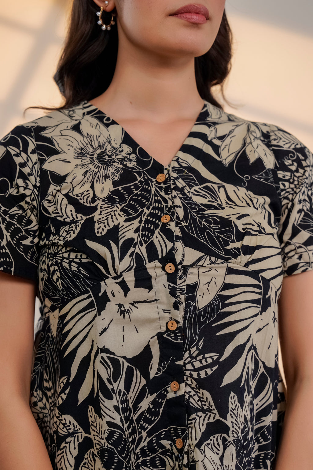 Black Floral Printed V-Neck Top