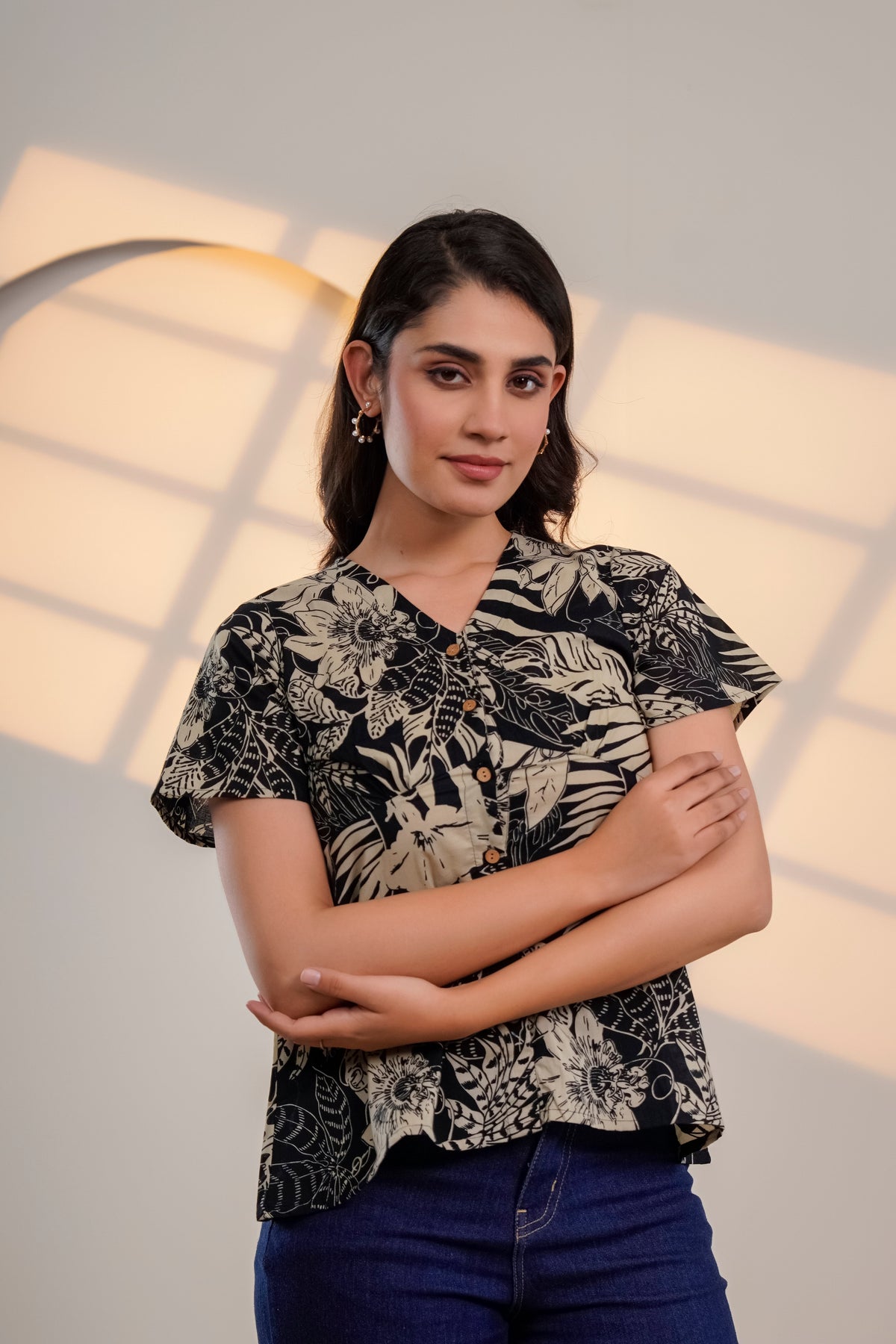 Black Floral Printed V-Neck Top