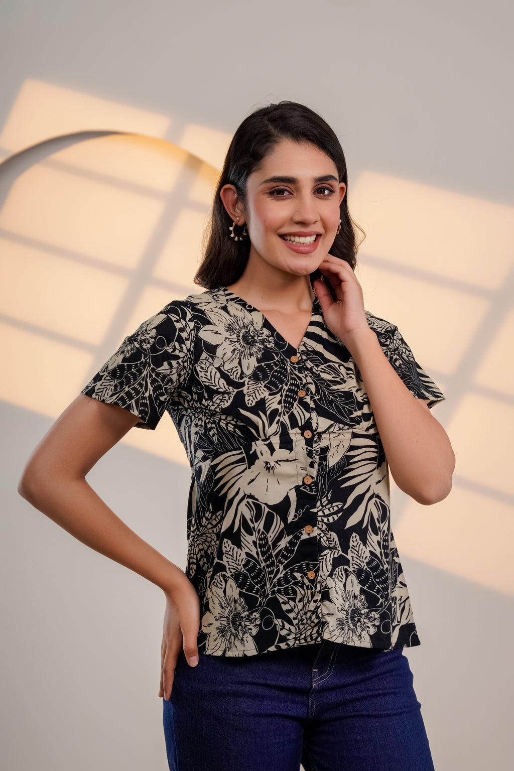 Black Floral Printed V-Neck Top