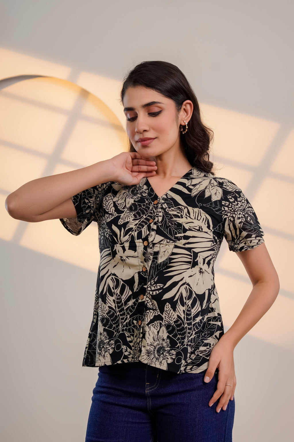 Black Floral Printed V-Neck Top