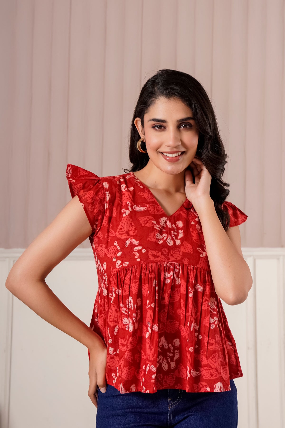 Red Floral Flutter Sleeve Top