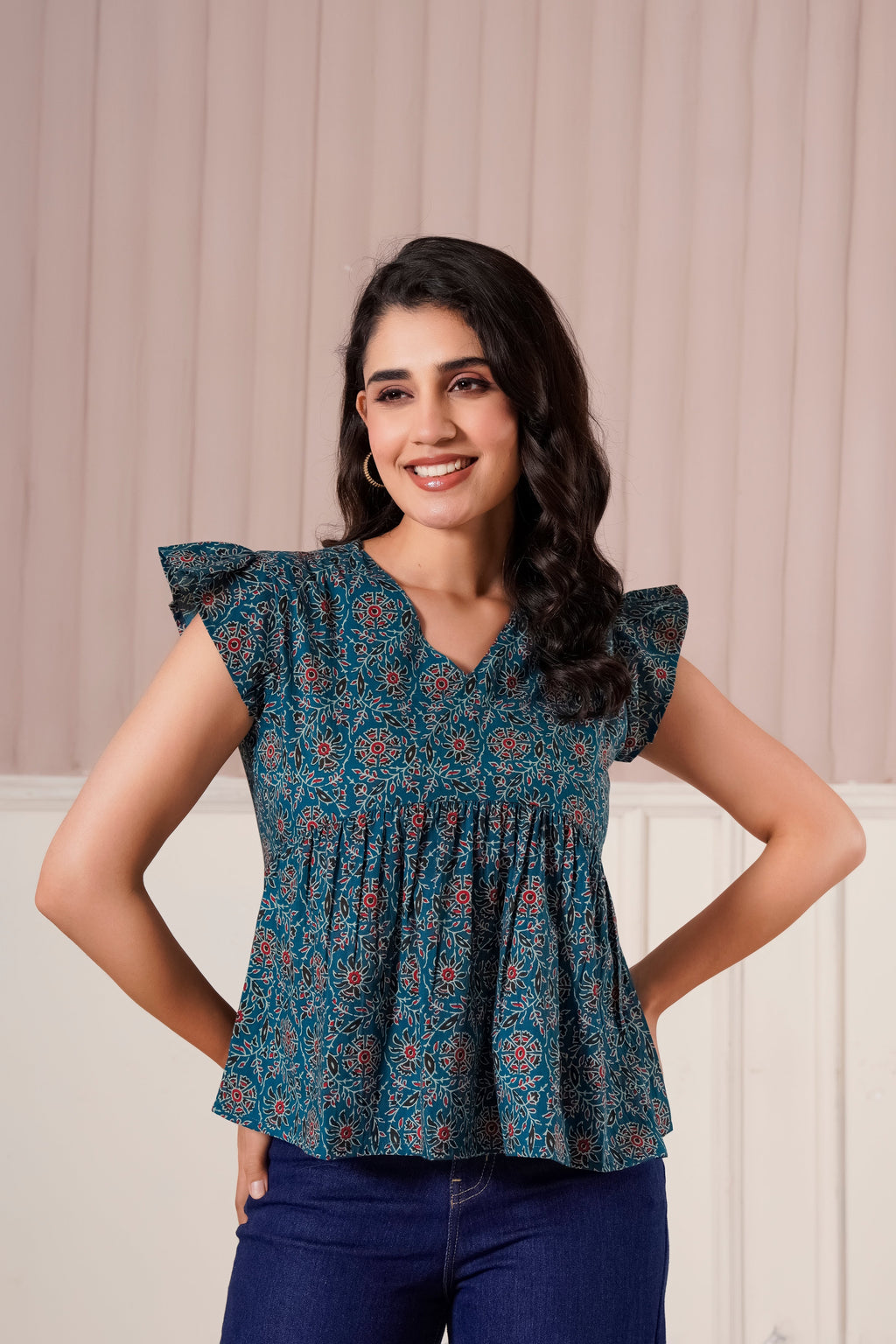 Teal Printed Flutter Sleeve Top