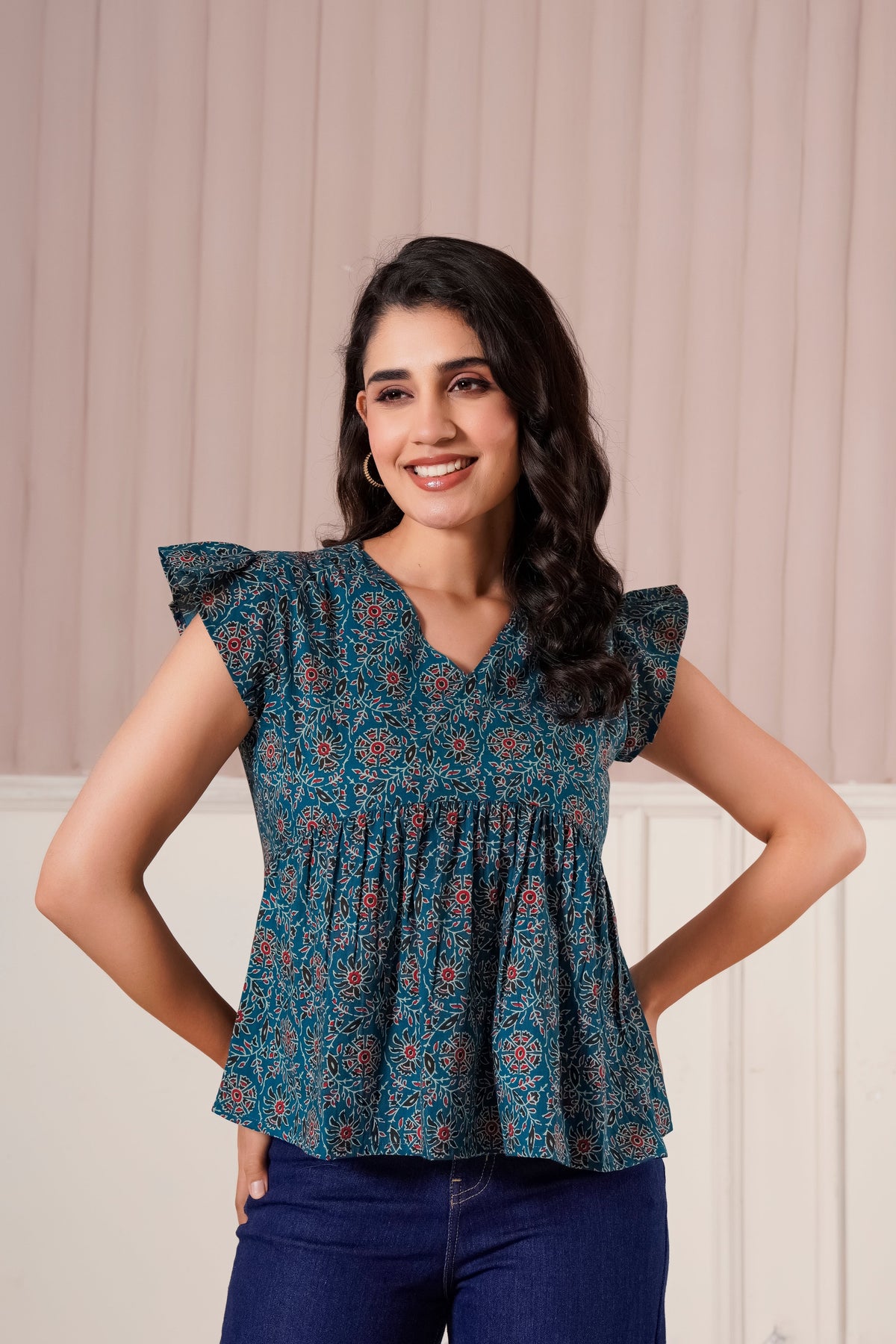 Teal Printed Flutter Sleeve Top