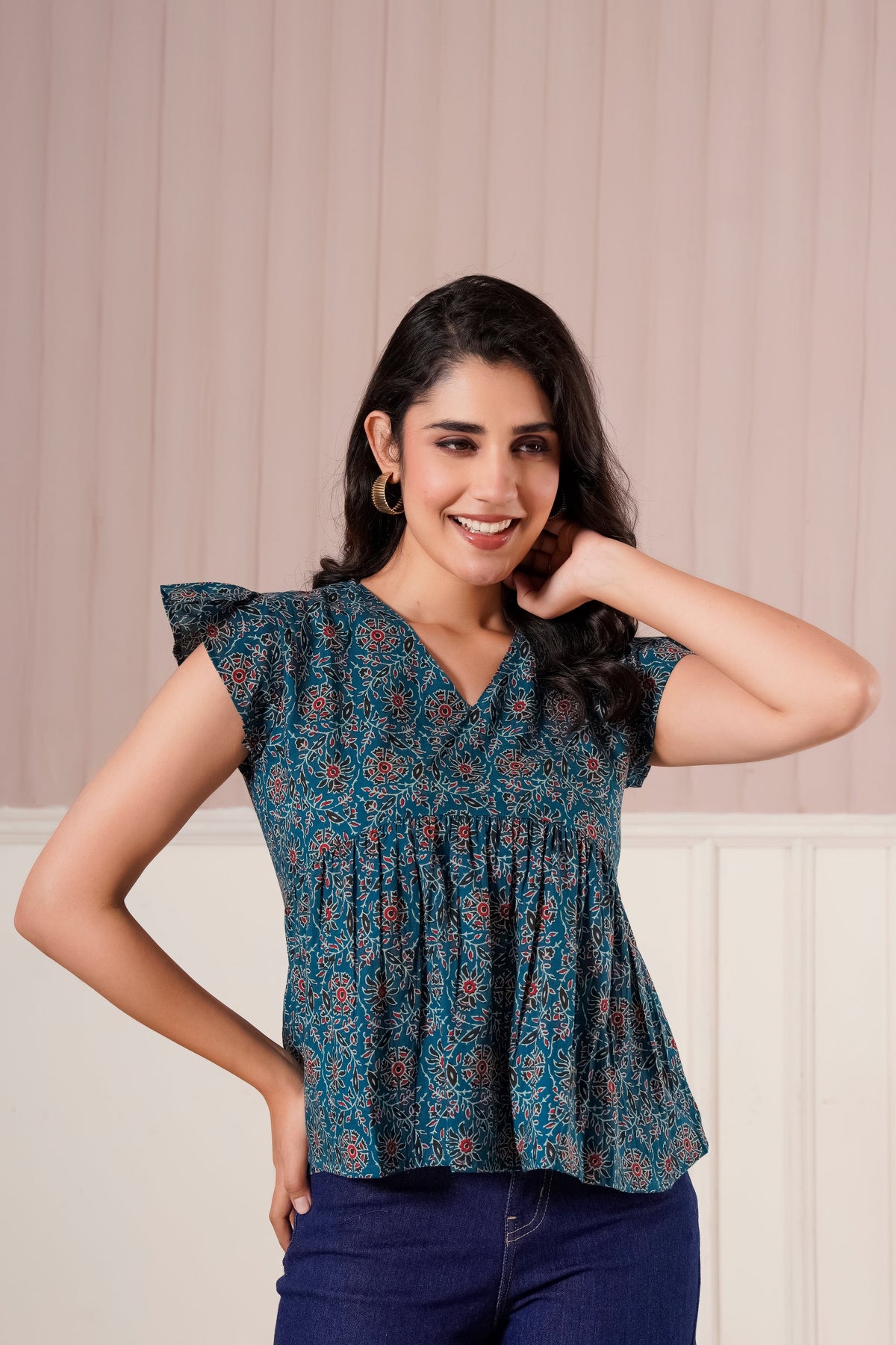 Teal Printed Flutter Sleeve Top