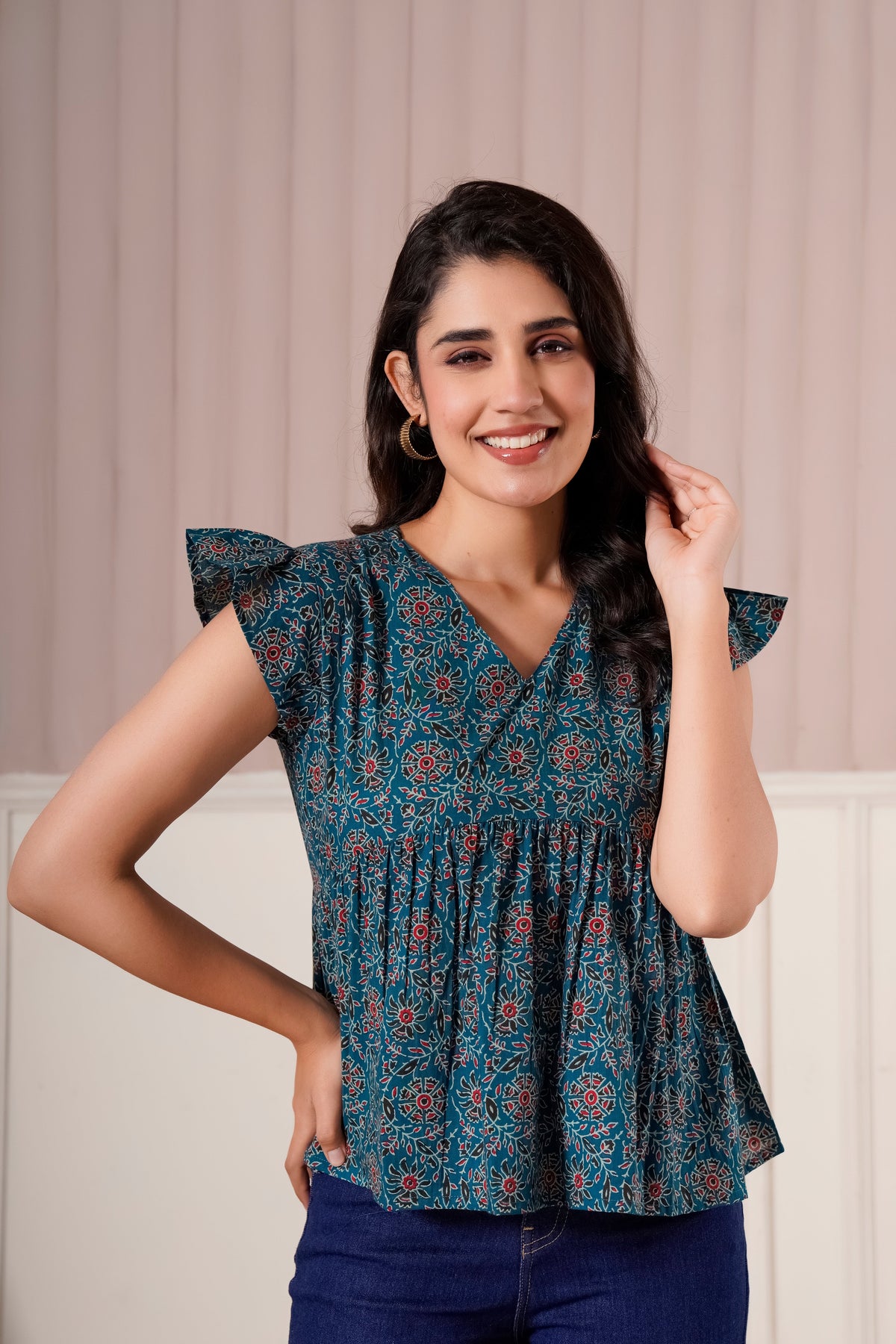 Teal Printed Flutter Sleeve Top