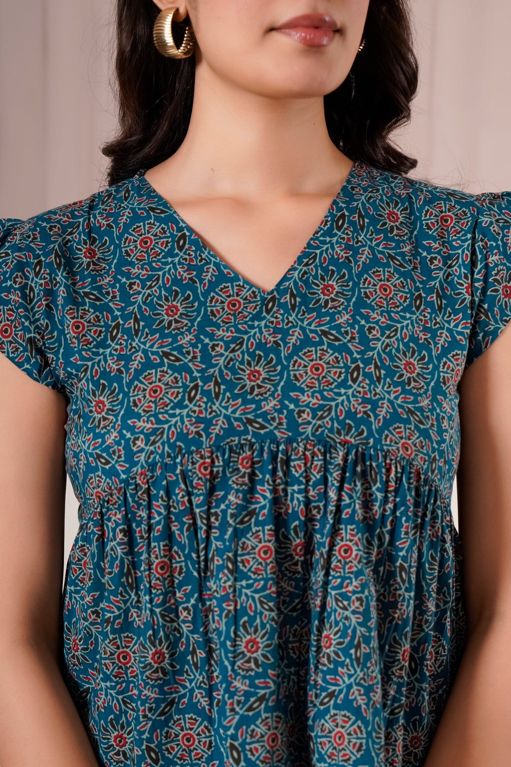 Teal Printed Flutter Sleeve Top