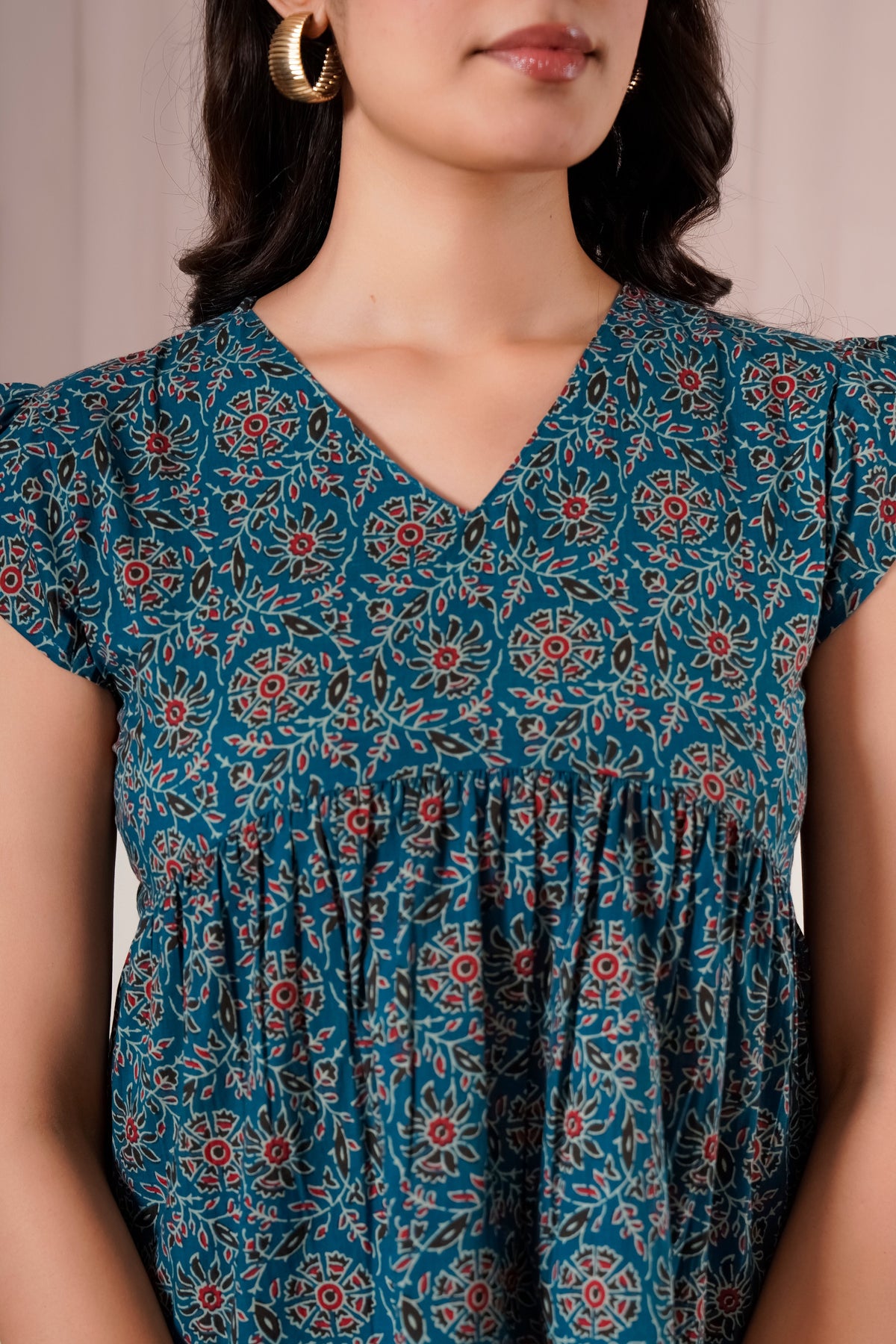 Teal Printed Flutter Sleeve Top