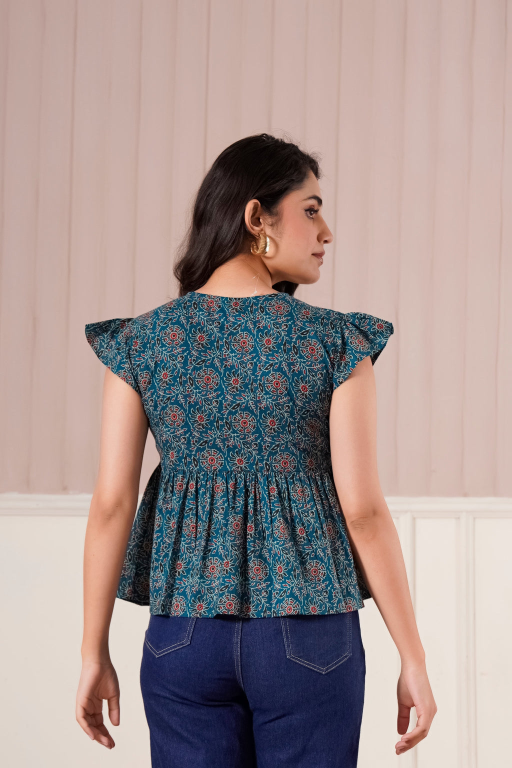 Teal Printed Flutter Sleeve Top