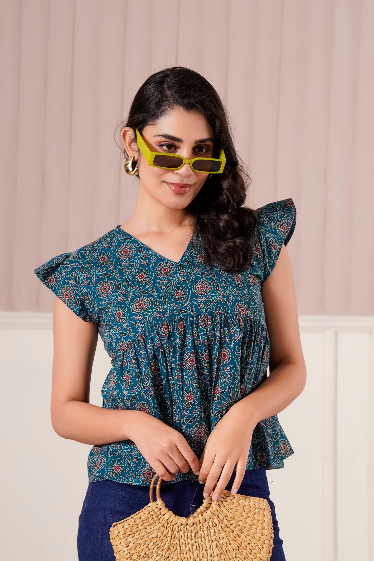 Teal Printed Flutter Sleeve Top