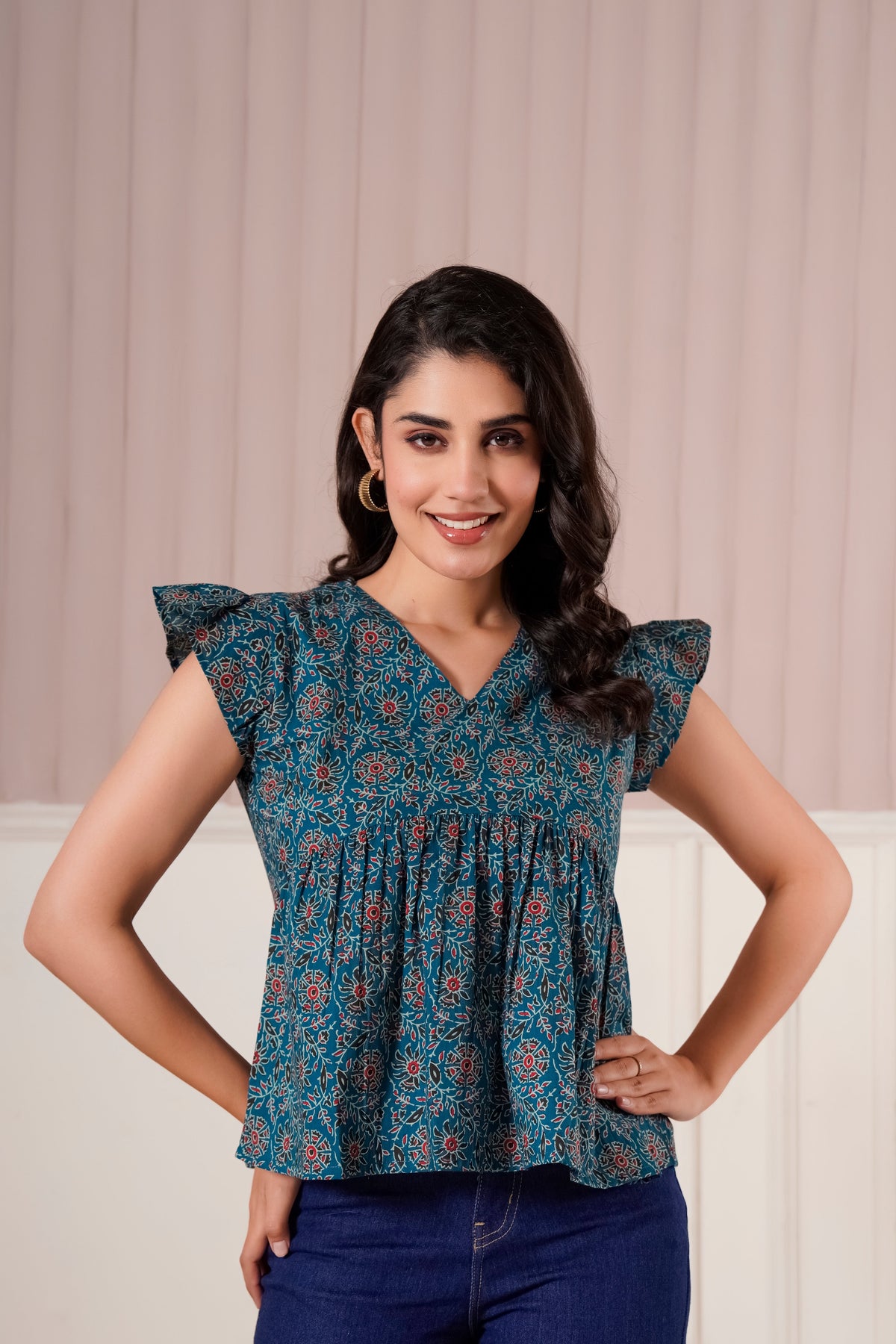 Teal Printed Flutter Sleeve Top