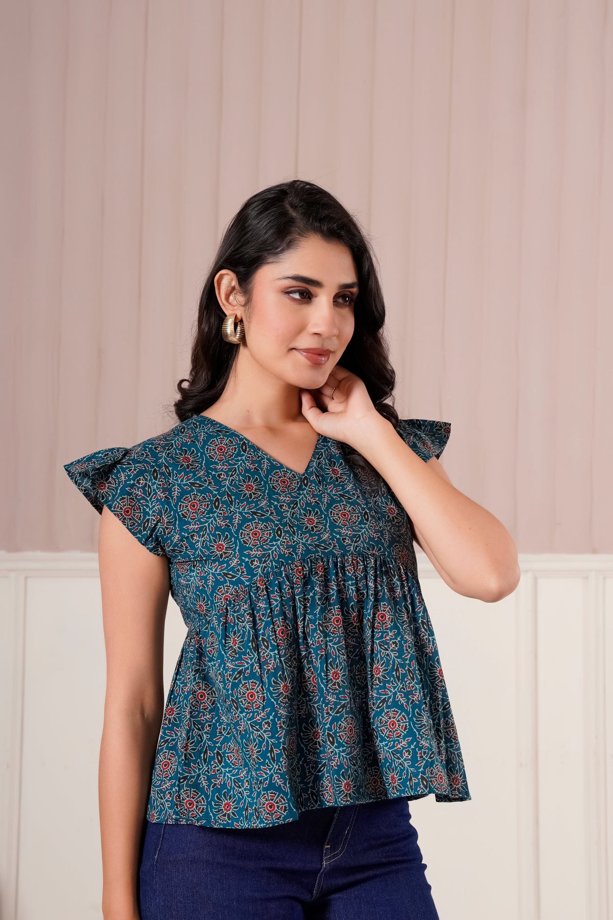Teal Printed Flutter Sleeve Top
