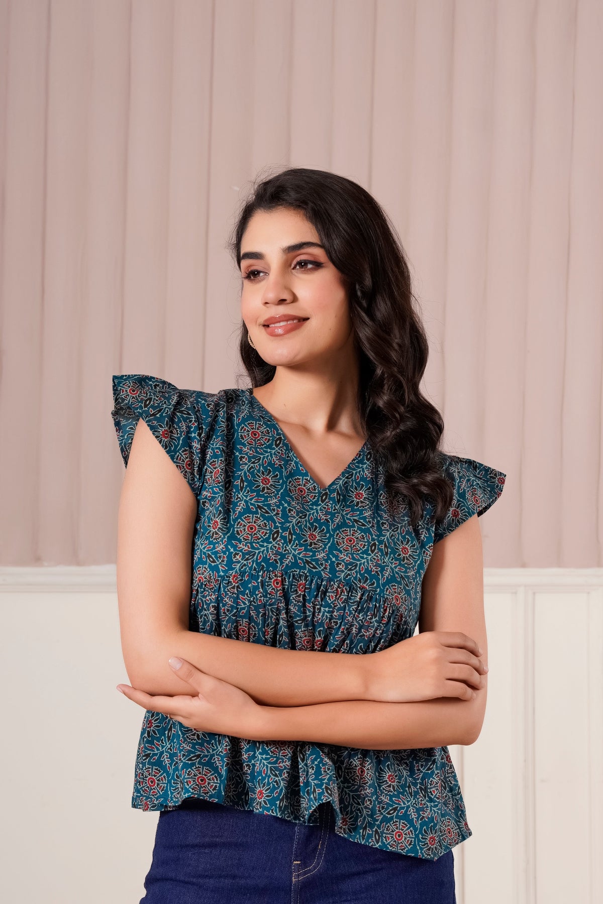 Teal Printed Flutter Sleeve Top