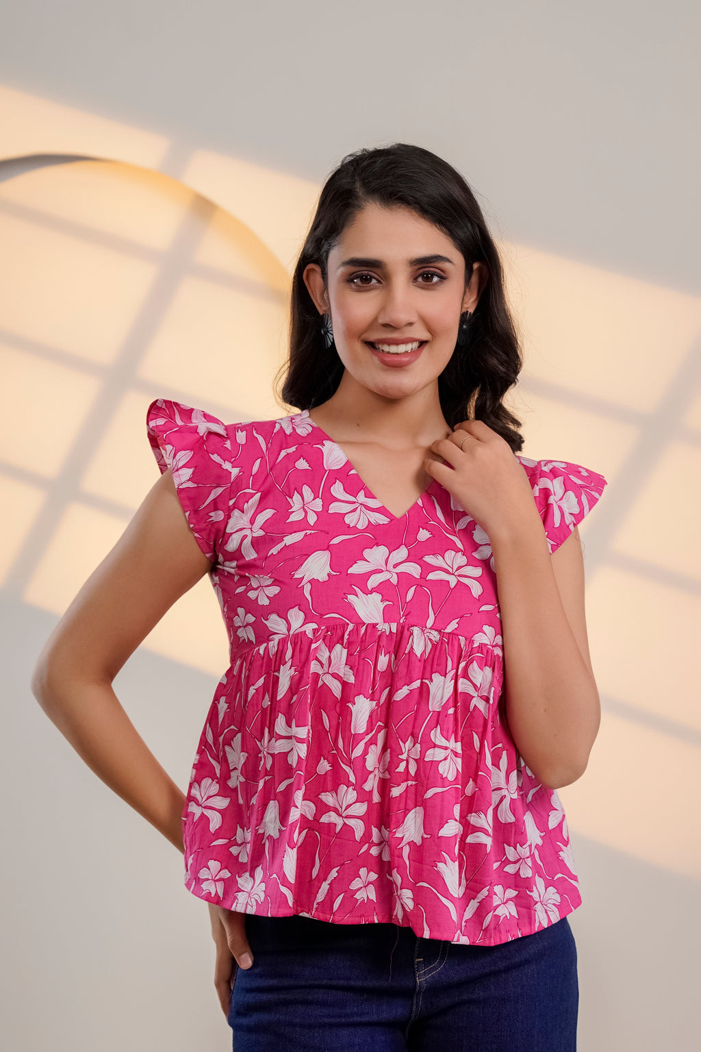 Pink Floral Flutter Sleeve Top