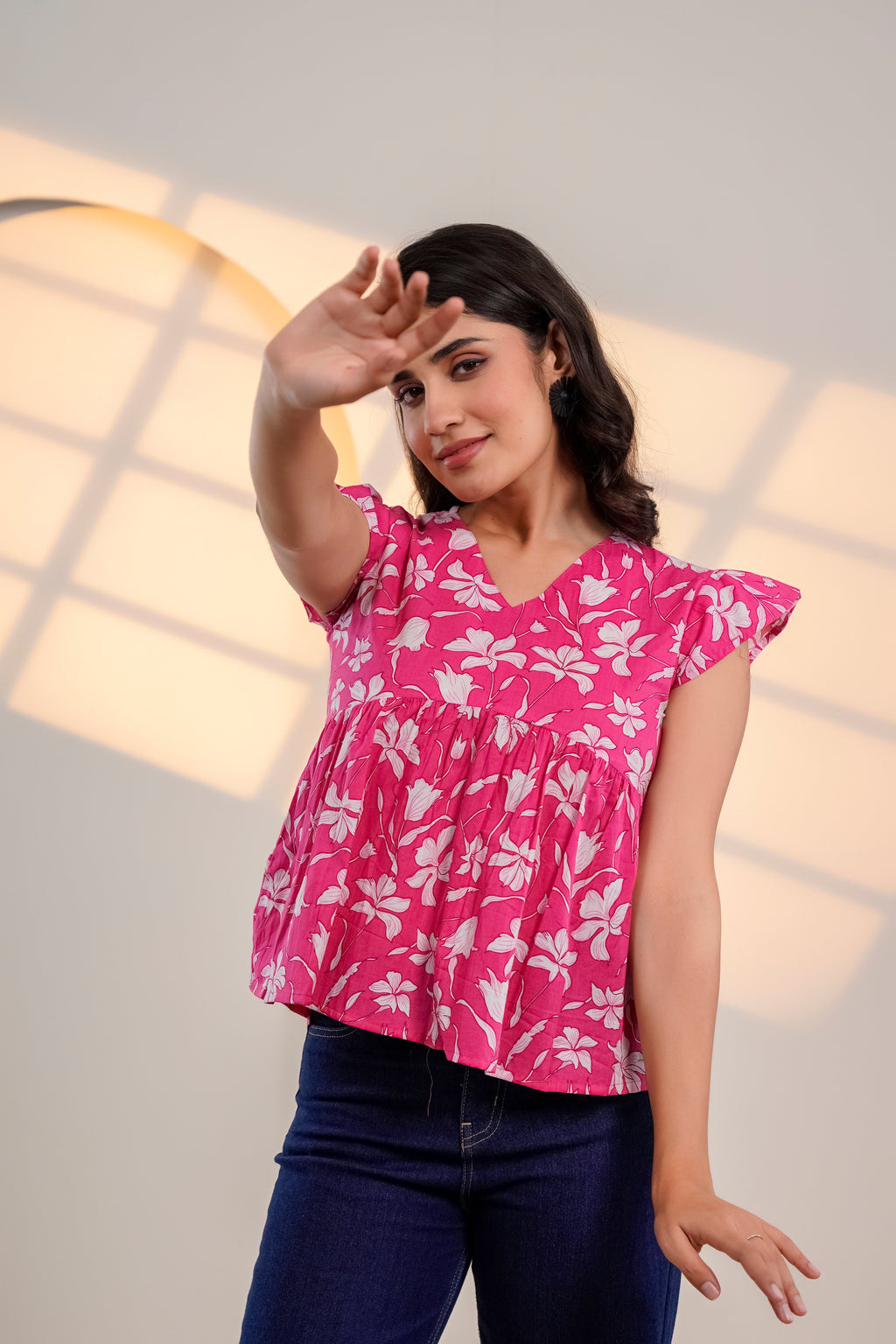 Pink Floral Flutter Sleeve Top