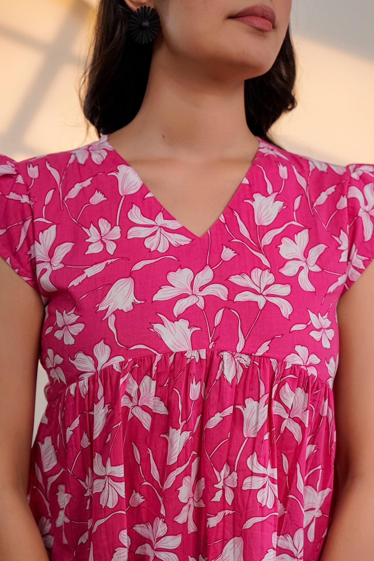 Pink Floral Flutter Sleeve Top