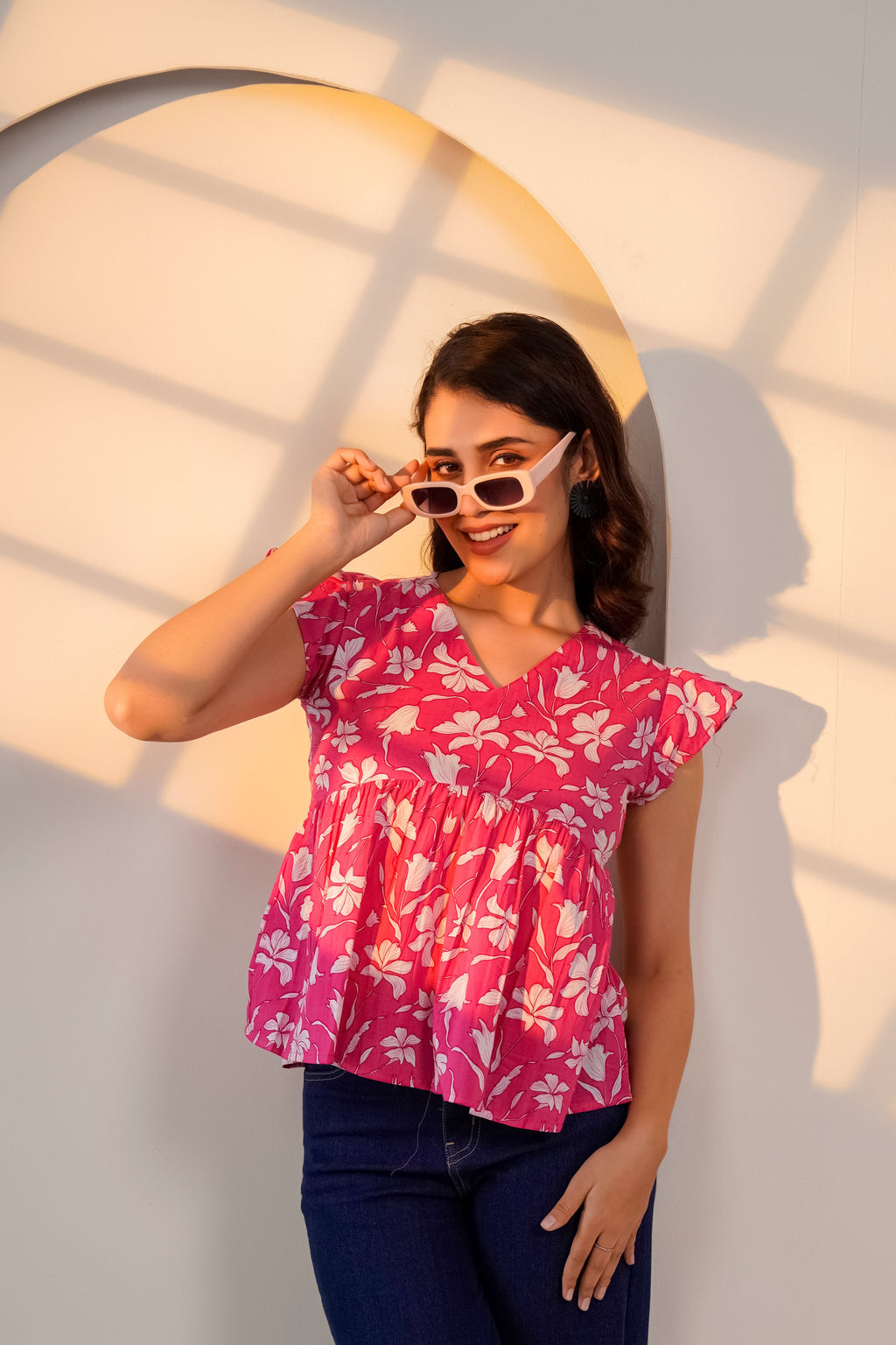 Pink Floral Flutter Sleeve Top