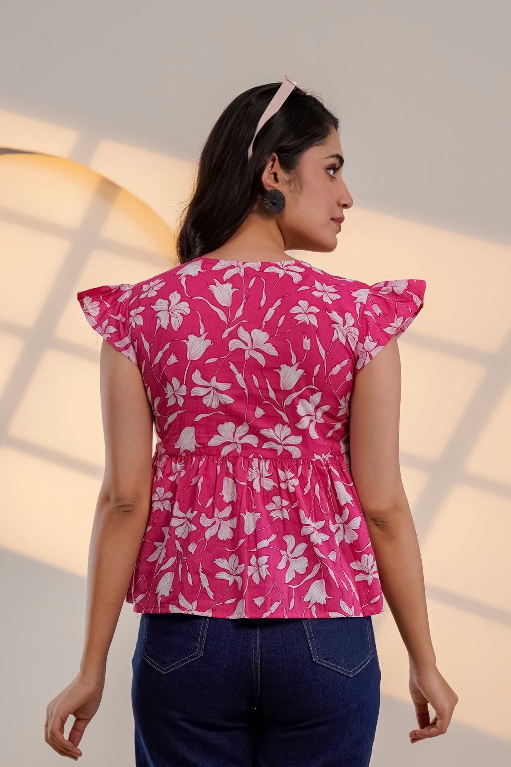 Pink Floral Flutter Sleeve Top
