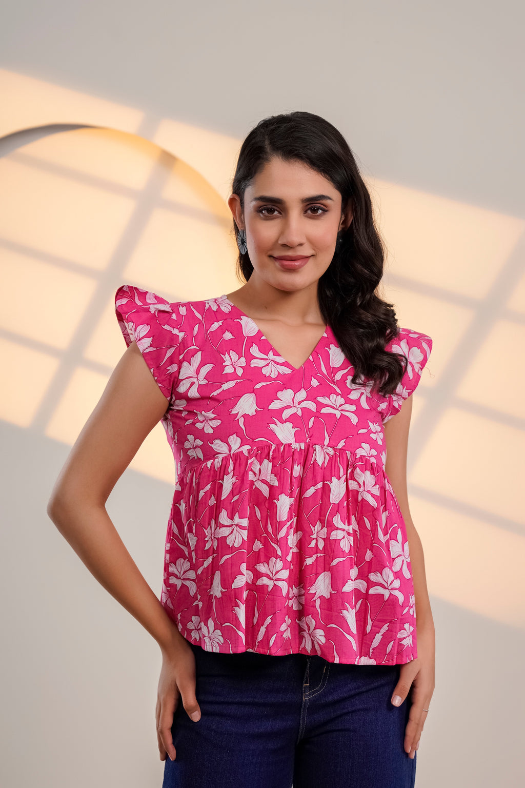 Pink Floral Flutter Sleeve Top