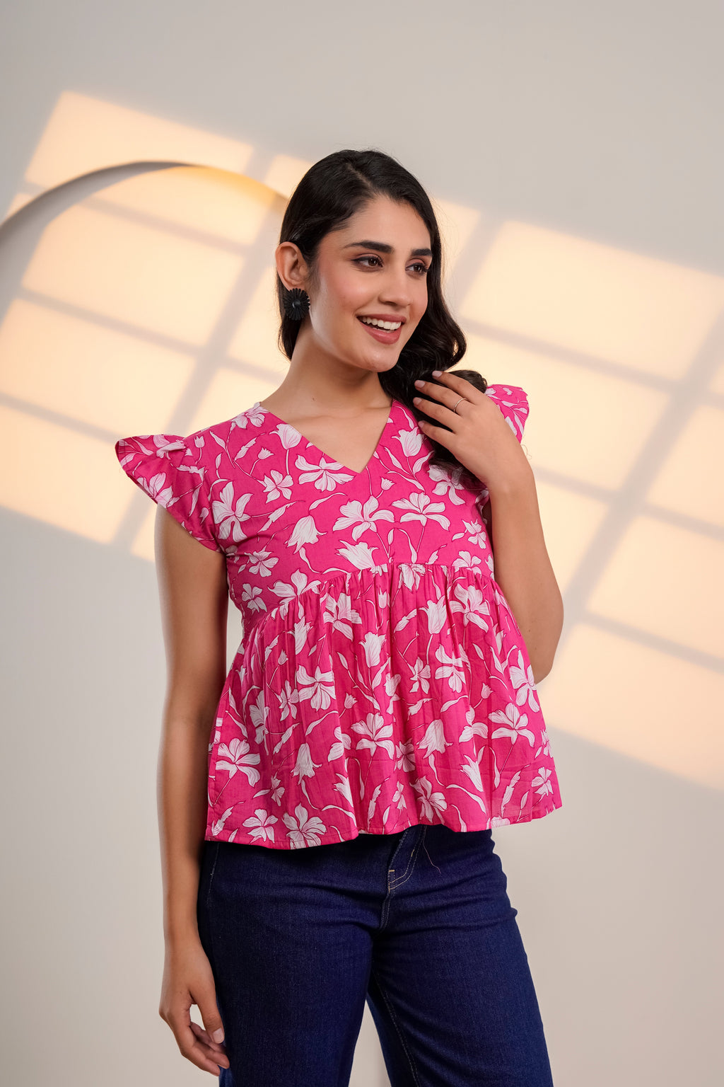 Pink Floral Flutter Sleeve Top