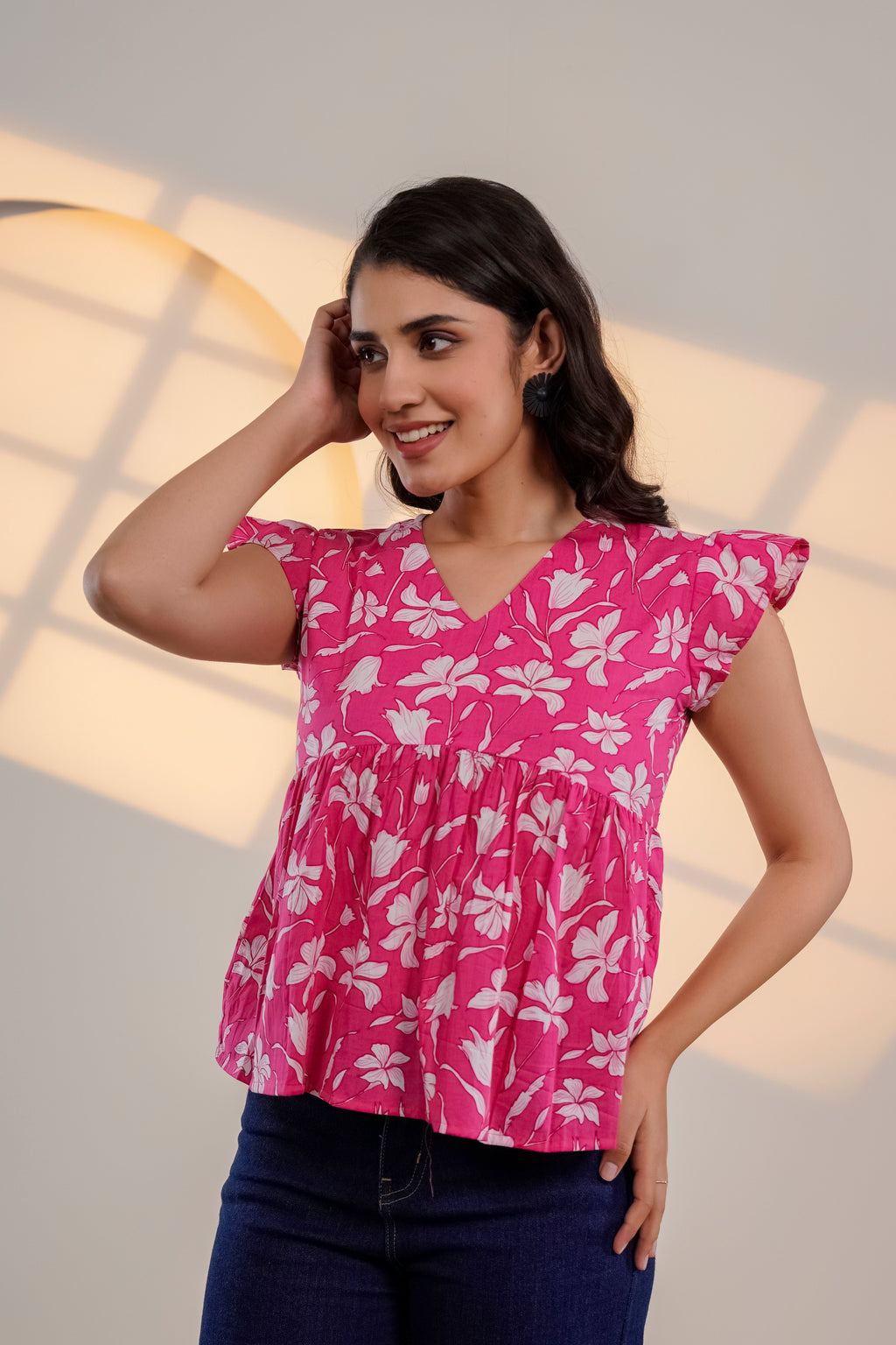 Pink Floral Flutter Sleeve Top
