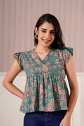 Teal Floral Flutter Sleeve Top