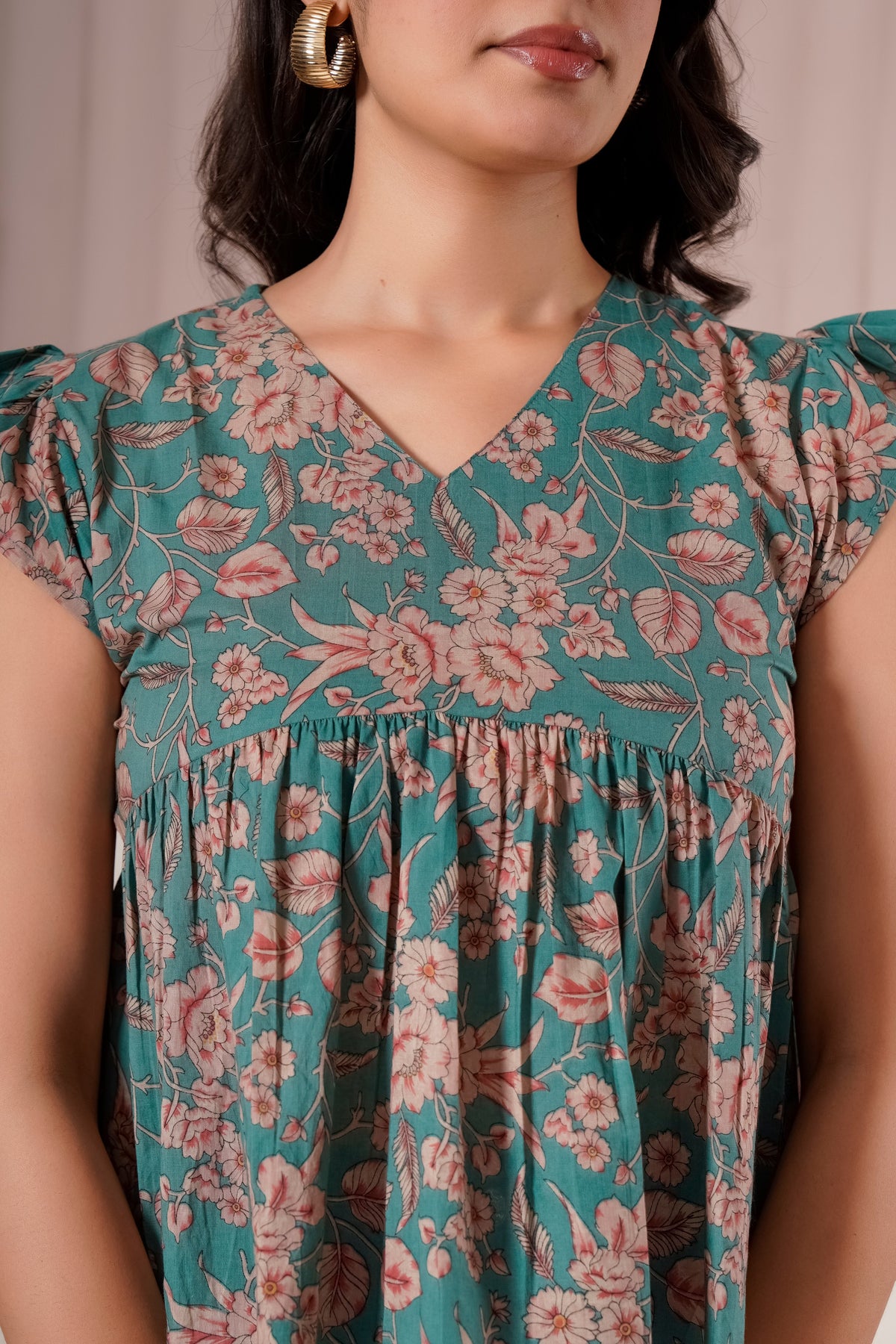 Teal Floral Flutter Sleeve Top