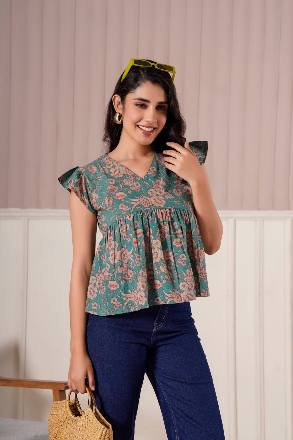Teal Floral Flutter Sleeve Top