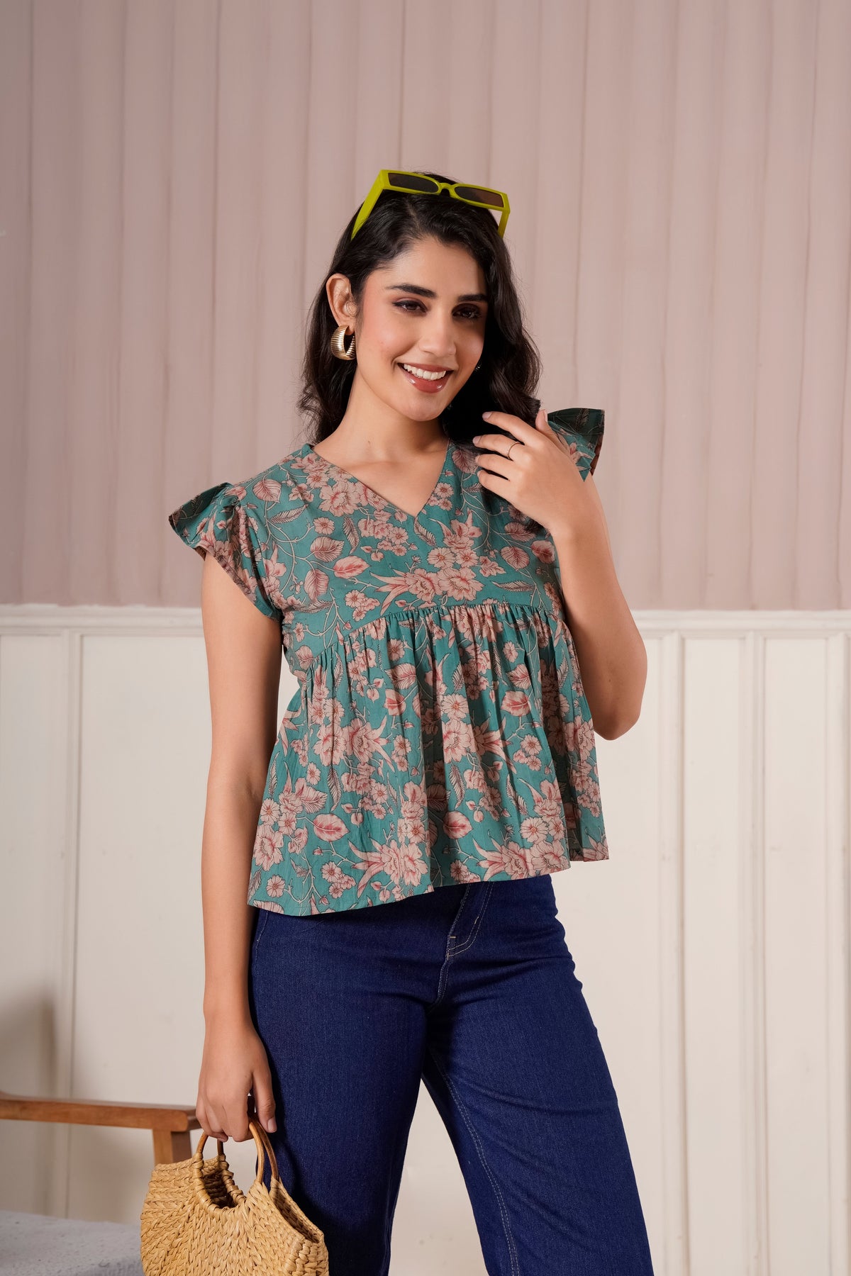 Teal Floral Flutter Sleeve Top