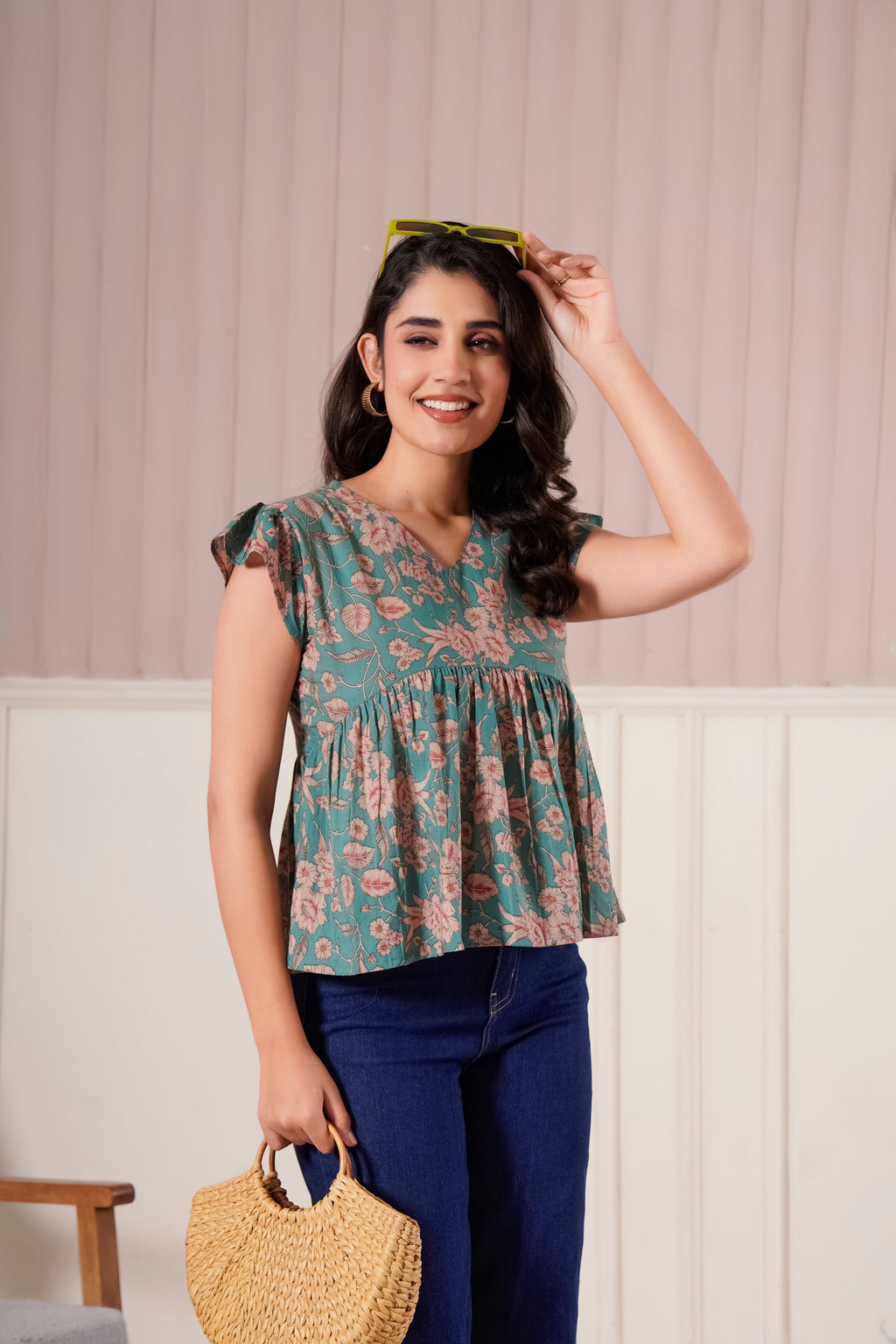 Teal Floral Flutter Sleeve Top