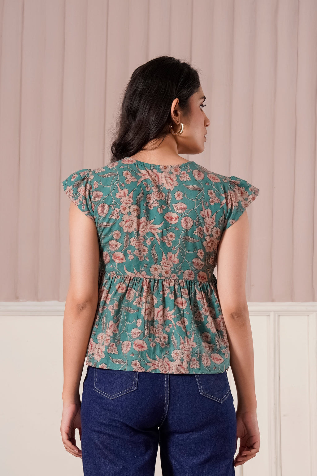 Teal Floral Flutter Sleeve Top