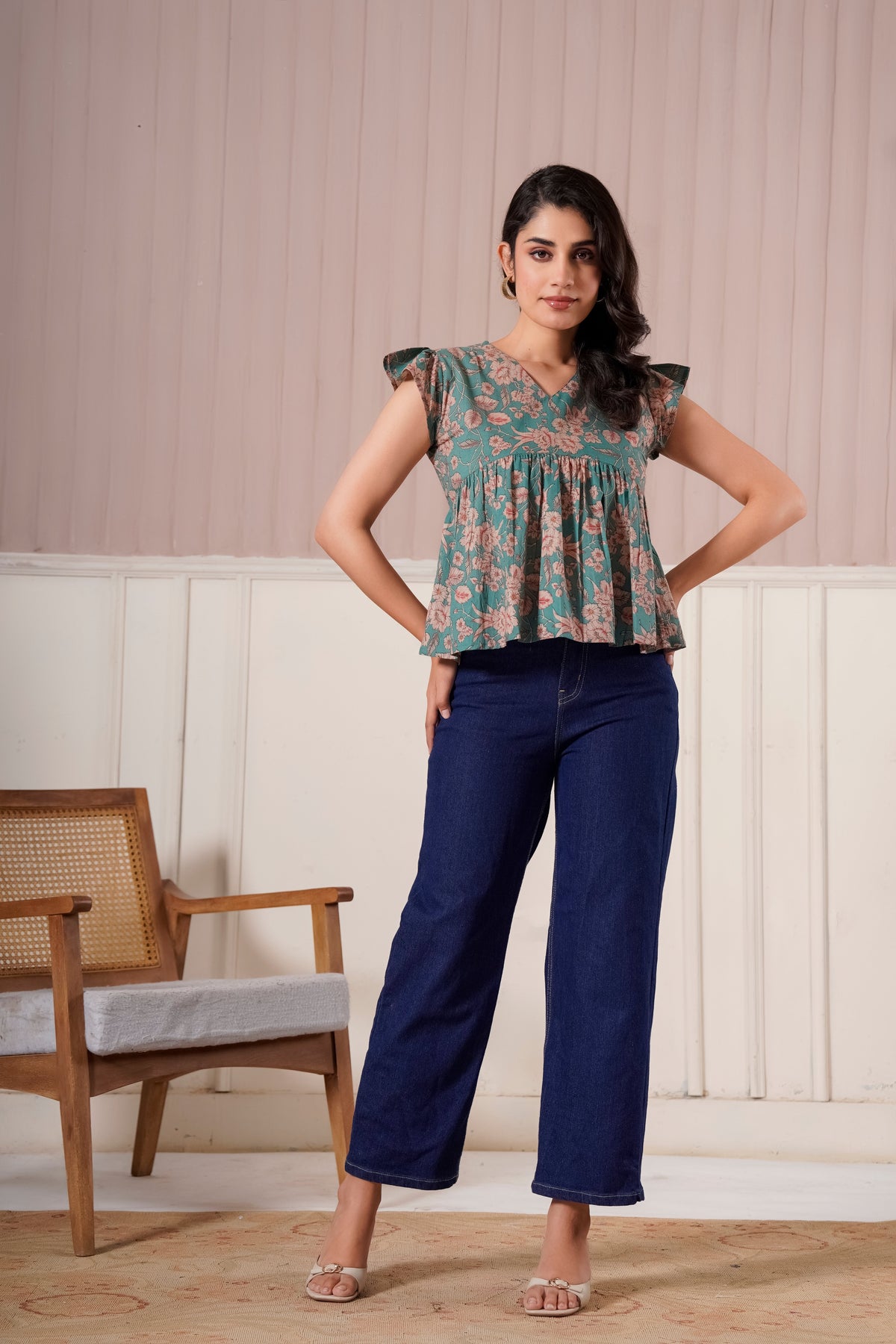 Teal Floral Flutter Sleeve Top