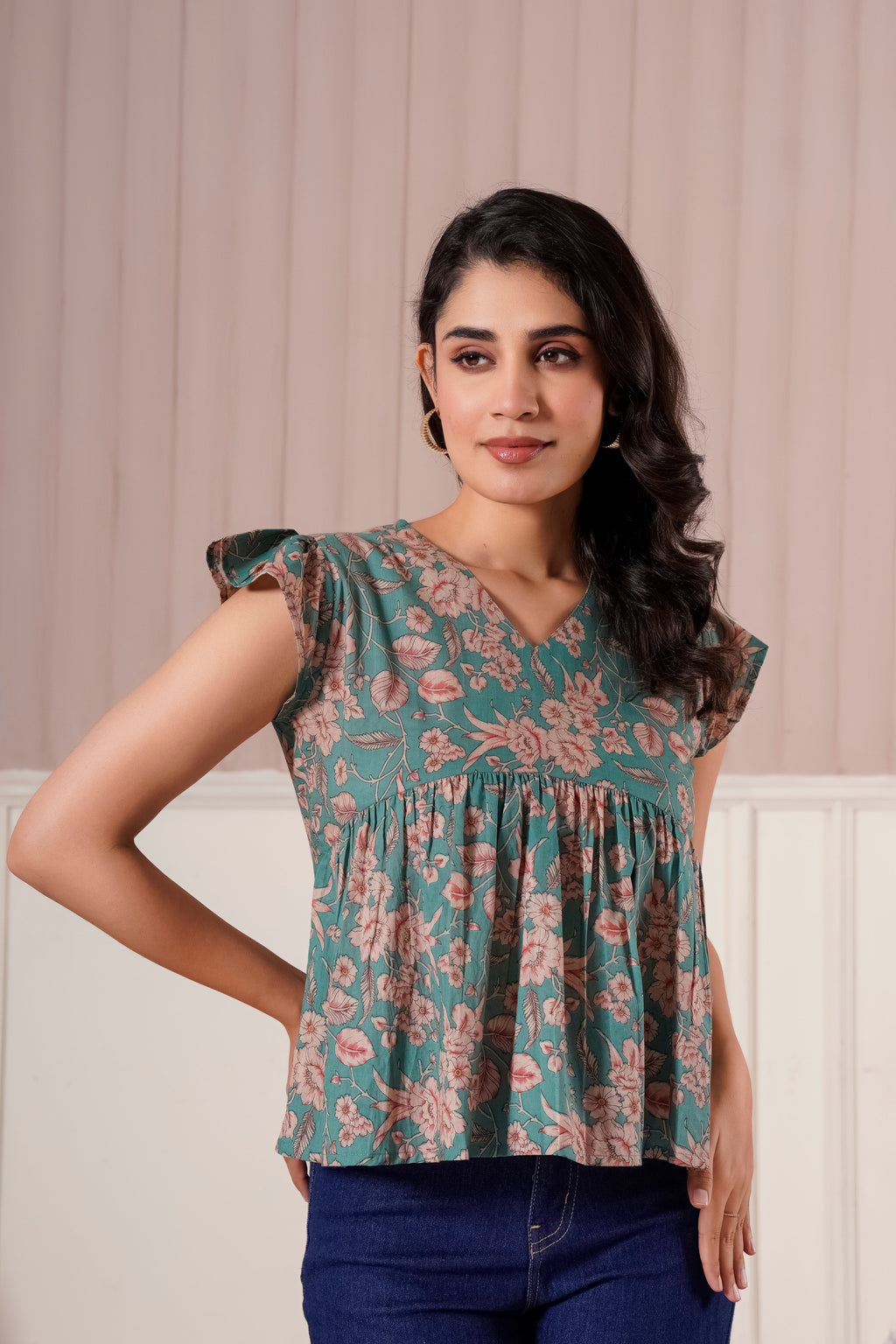 Teal Floral Flutter Sleeve Top