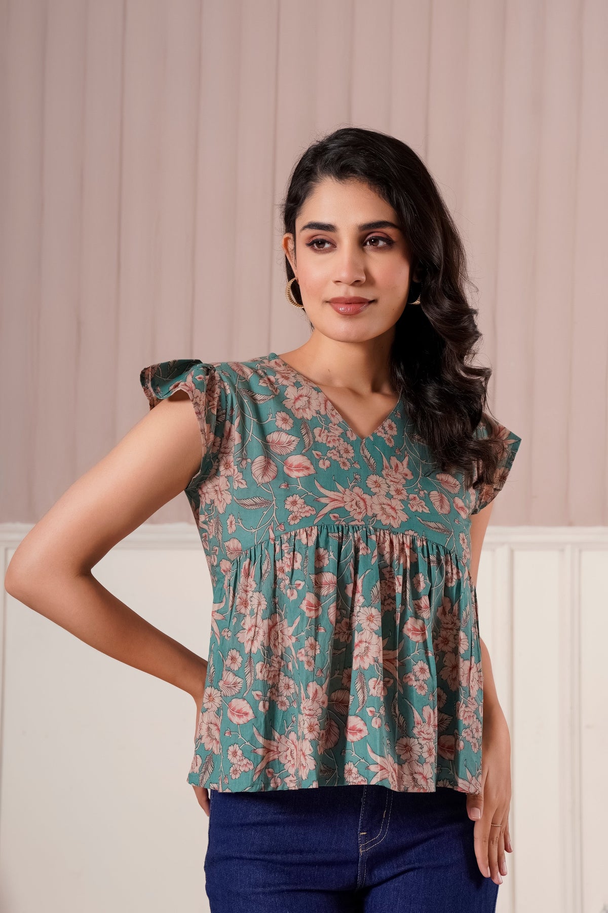 Teal Floral Flutter Sleeve Top