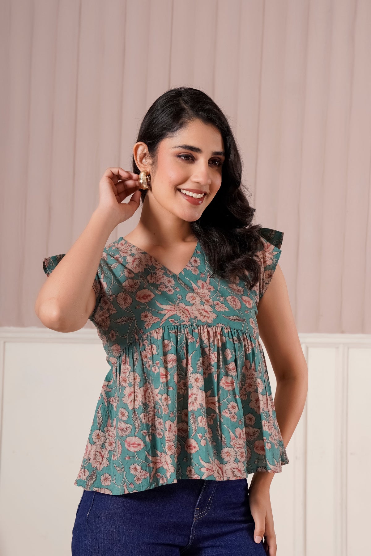 Teal Floral Flutter Sleeve Top