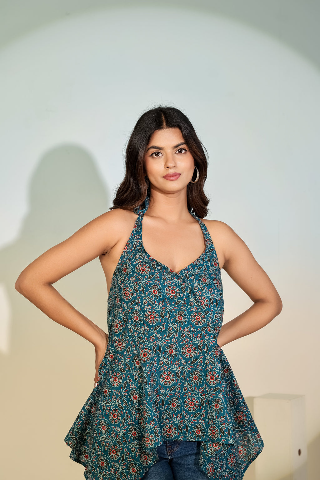 Teal Printed Halter Neck Top