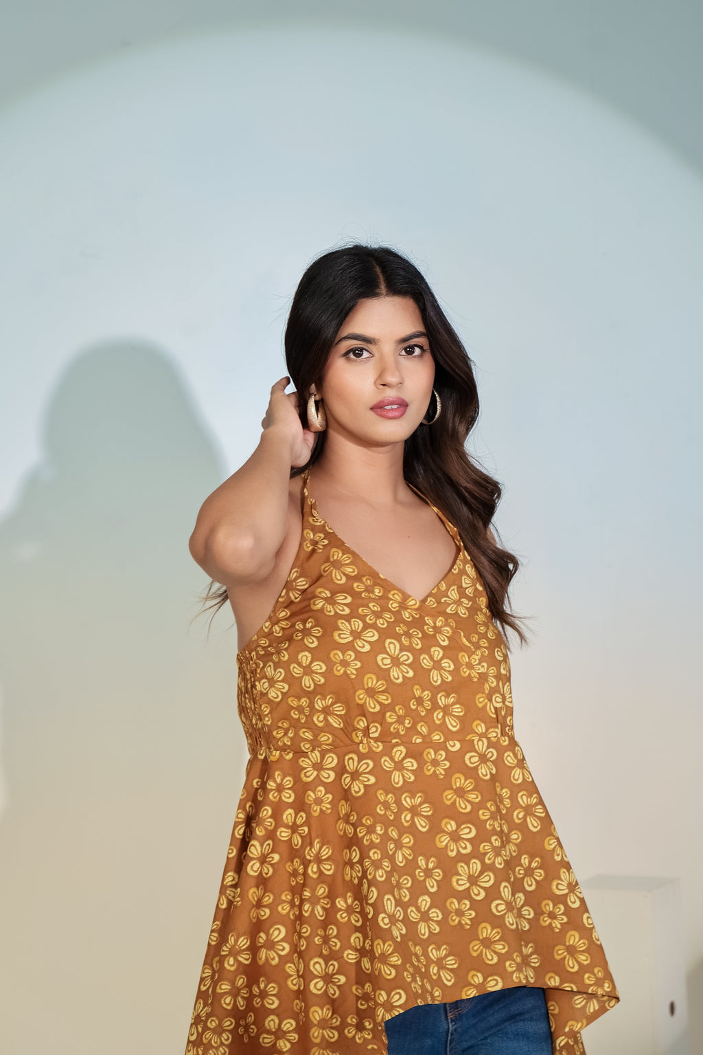 Mustard Floral Halter Neck Top