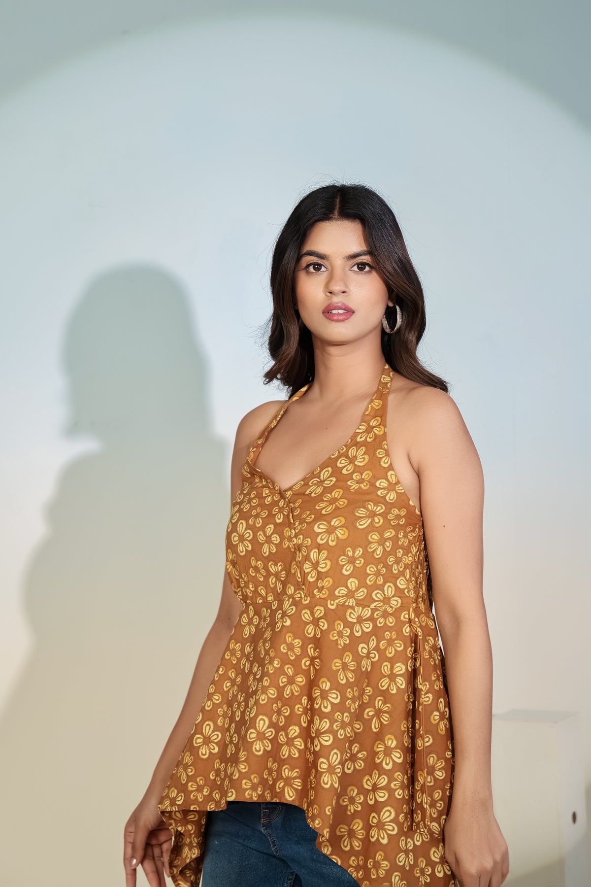 Mustard Floral Halter Neck Top