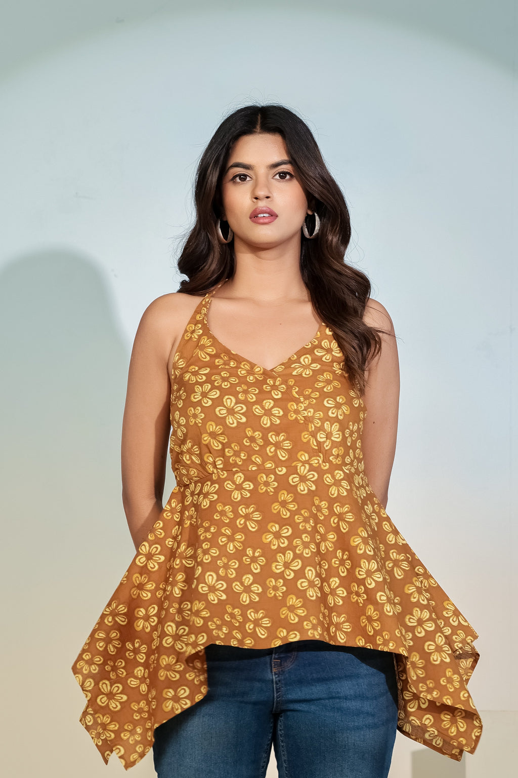 Mustard Floral Halter Neck Top